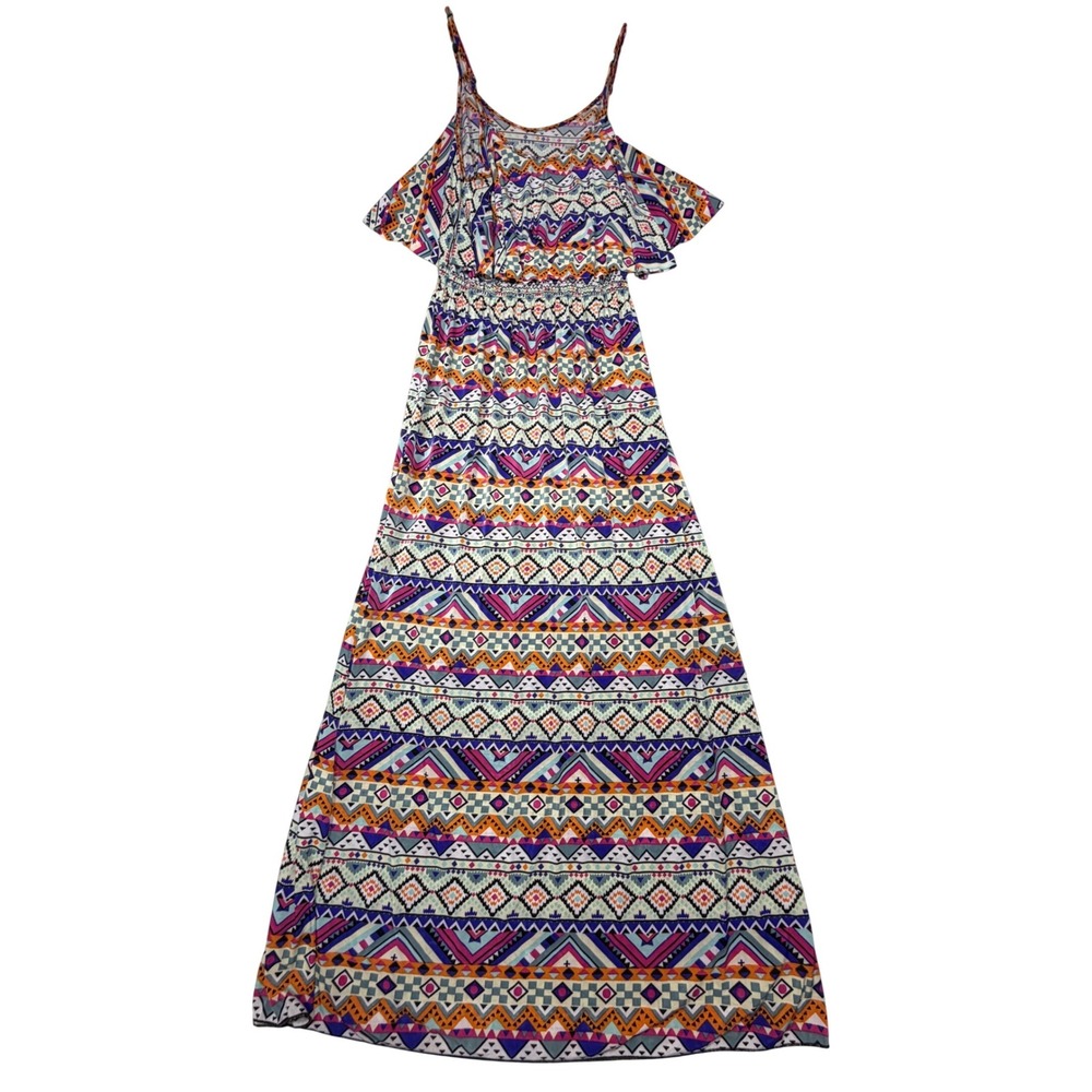 2010s Multicolor Polyester Geometric Tribal Boho Cold Shoulder Maxi Dress Size M